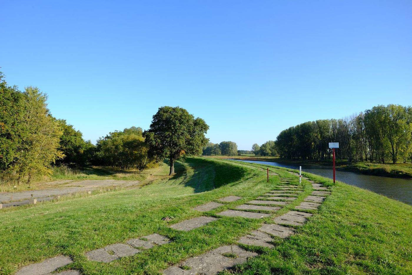 Sunny cycle path on the green dyke along the riverbank in the floodplain landscape around Havelberg