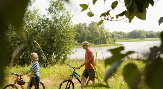 Paar schiebt Leihfahrräder auf einem sonnigen Uferweg durch Schilf am Wasser in der Havelregion