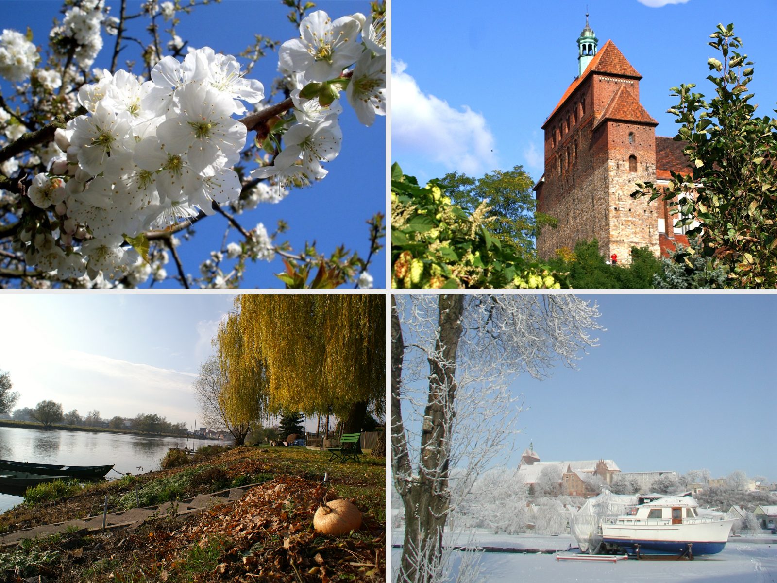 Vier Jahreszeiten von Havelberg: Kirschblüte, Dom, Herbstufer und verschneite Havel