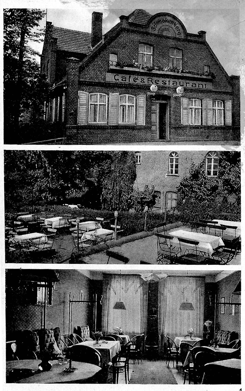 Historische Ansichtskarte des Café & Restaurant Schmokenberg: Fassade, Biergarten und Gaststube