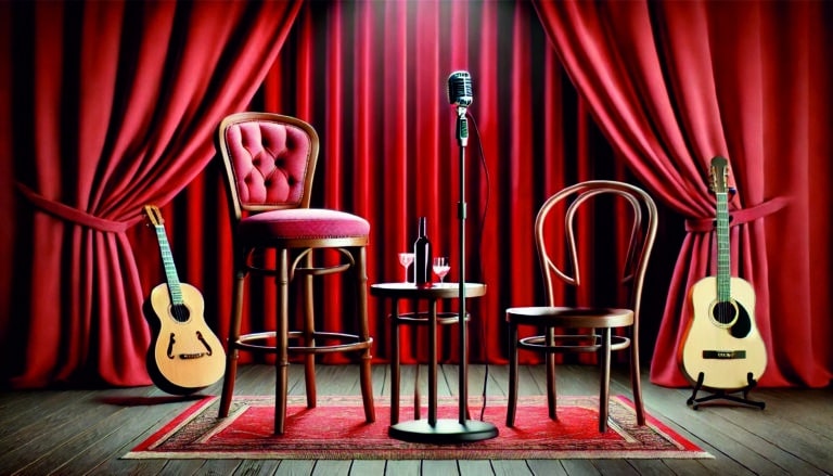 Bühne mit rotem Samtvorhang, Barhocker, Stehmikrofon und zwei akustischen Gitarren - Veranstaltung im ArtHotel Kiebitzberg