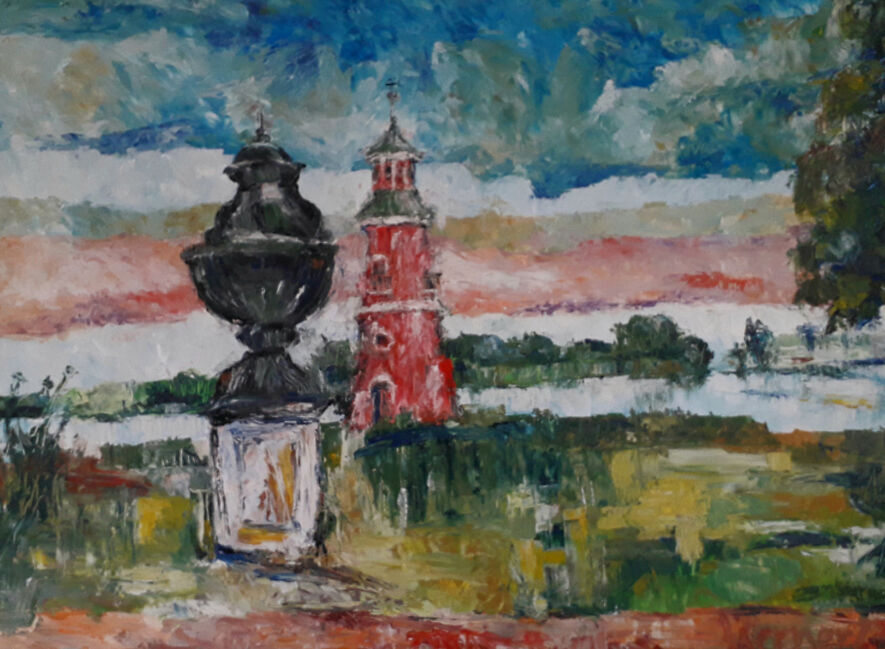 Gemälde mit Steinvase und rotem Leuchtturm am Großteich Moritzburg, Werk „Abend am Großteich Moritzburg“ von Dietmar Werner im ArtHotel Kiebitzberg