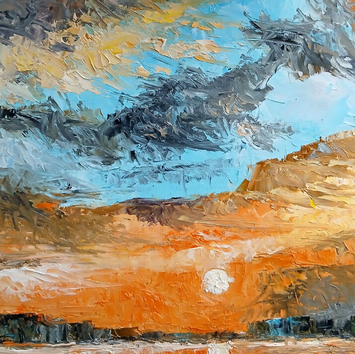 Gemälde eines Sonnenuntergangs mit orange leuchtendem Himmel, Werk „Am Abend jener Tage“ von Dietmar Werner im ArtHotel Kiebitzberg