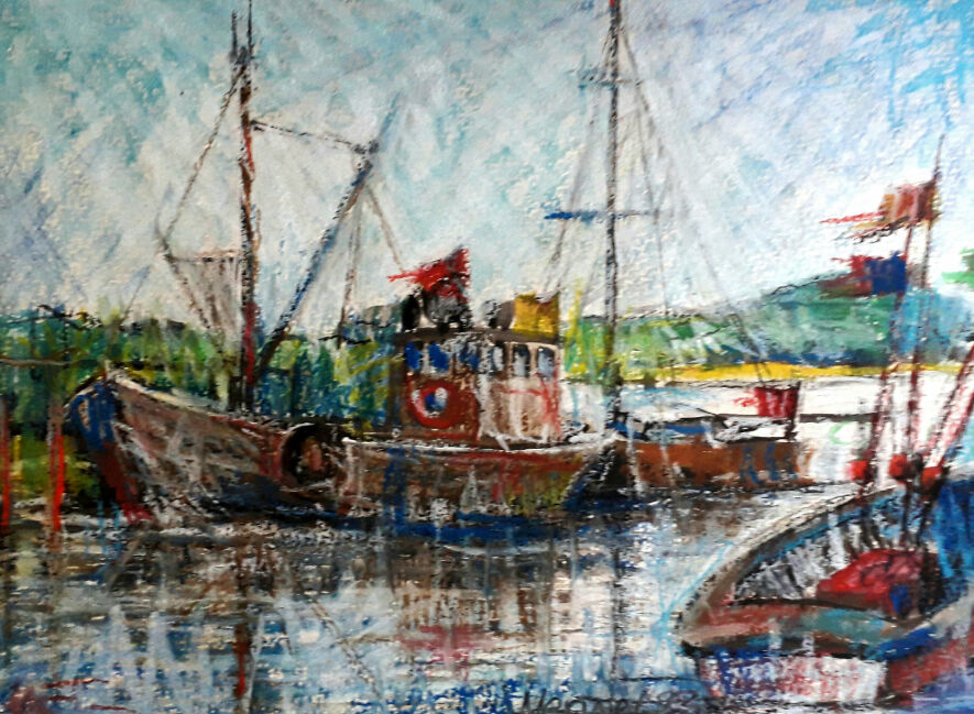 Aquarell mit Fischkuttern und Wimpeln im Hafen, Werk „Am Kutterhafen“ von Dietmar Werner im ArtHotel Kiebitzberg