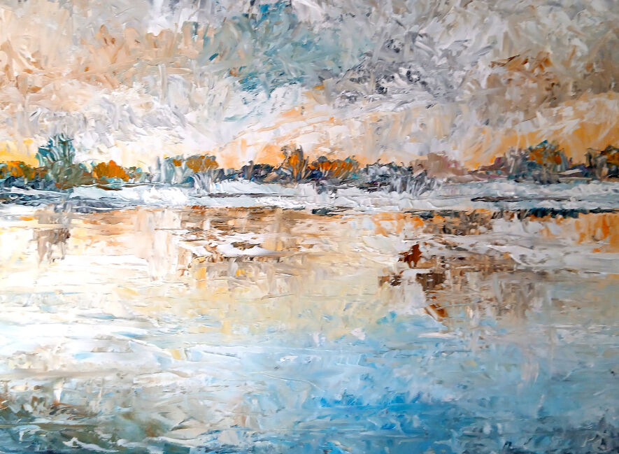 Gemälde einer Flusslandschaft im ersten Morgenlicht mit Spiegelungen im Wasser, Werk „Ein neuer Tag beginnt“ von Dietmar Werner im ArtHotel Kiebitzberg