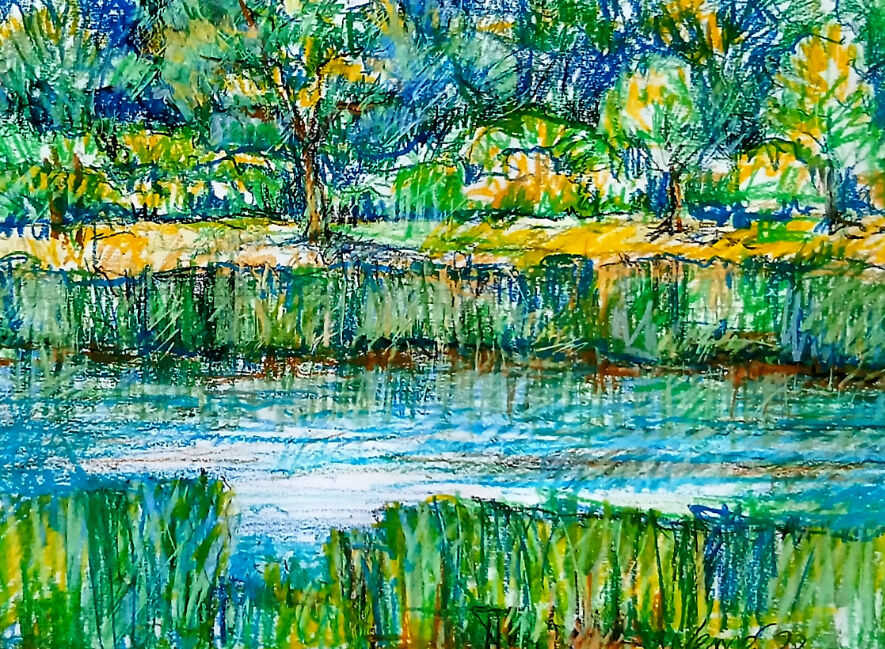 Ölkreidebild einer grünen Teichlandschaft mit Schilf in Briest, Werk „In Briest“ von Dietmar Werner im ArtHotel Kiebitzberg