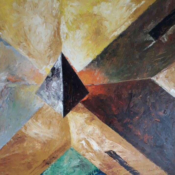 Abstrakte Komposition aus Dreiecken und Flächen in Braun, Blau und Beige, Werk „Shine On You Crazy Diamond, Hommage an Syd Barrett“ von Dietmar Werner im ArtHotel Kiebitzberg